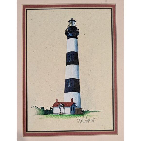 Lighthouse Mixed Media Art Signed Original 1992 Matted Costal Outer banks - Picture 1 of 15